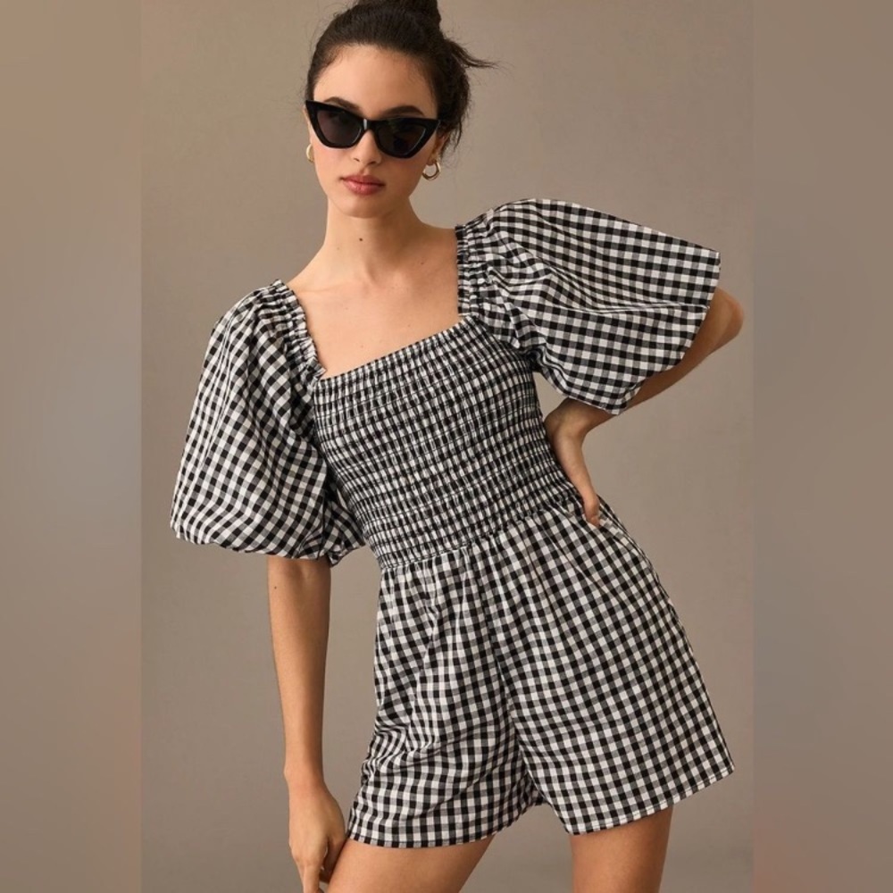Anthropologie Self Contrast Amadi Gingham Puff Sleeve Romper with Pockets